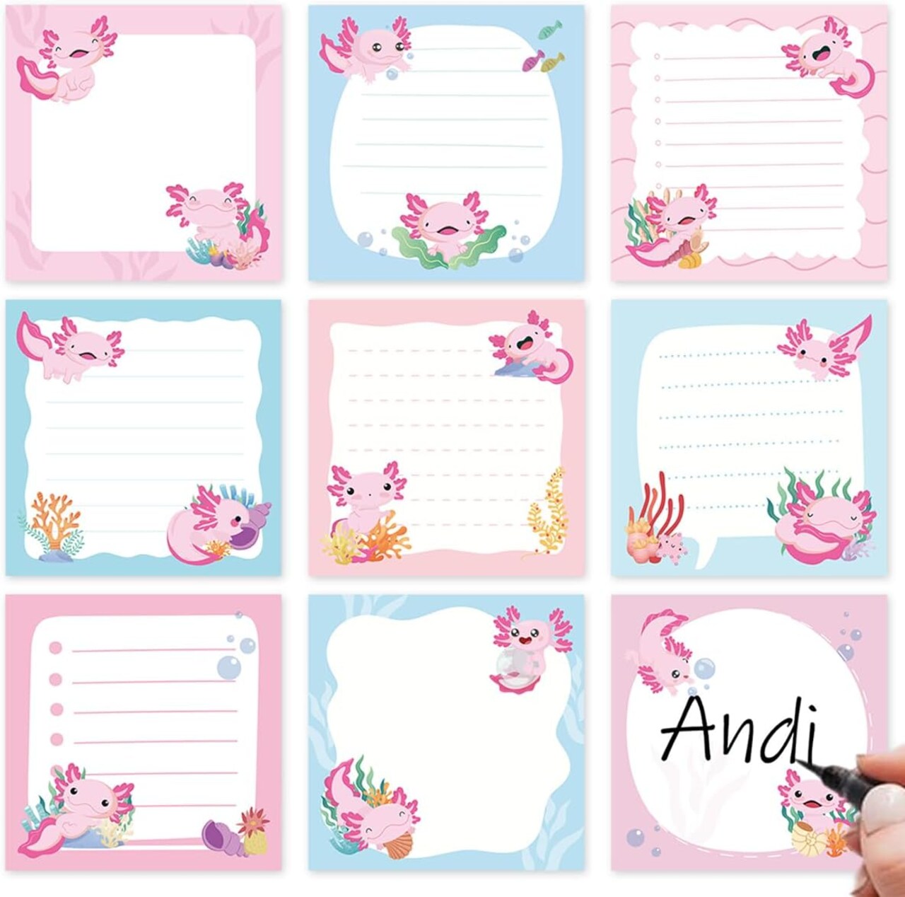 Sticky Notes Gifts - 9Pack Cute Sticky Notes Cartoon Axolotl Gifts for Axolotl Lovers Axolotl Note Pads Animal Self Stick Pads for Women Office Study Supplies 450 Sheets
